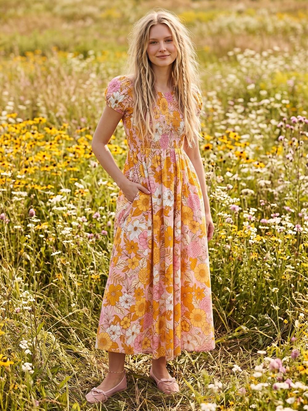 Anthropologie Kachel Smocked Retro 70s Floral Maxi Dress Large Spring Bohemian